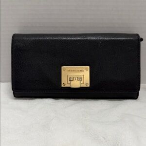 Michael Kors Black Leather Continental Wallet with Gold Plate Lock